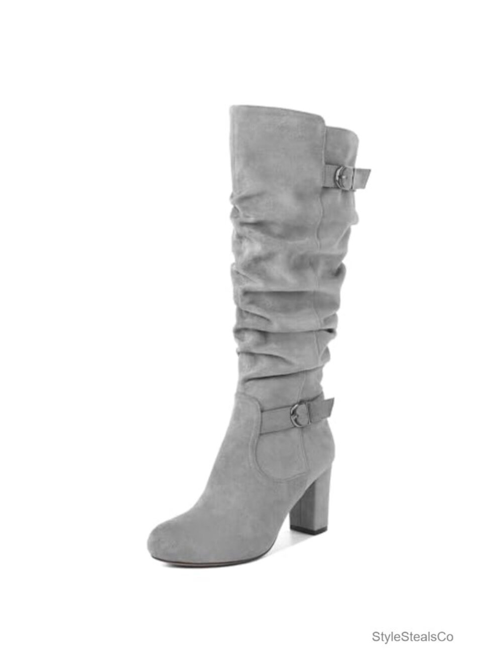 Slouchy Knee High Boots Faux Suede Chunky Heel Round Toe Side Zip